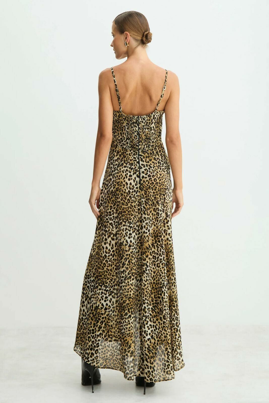 Imagem de Vestido Mídi Decote V Com Renda Busto Estampado Preto Com Bege Zen